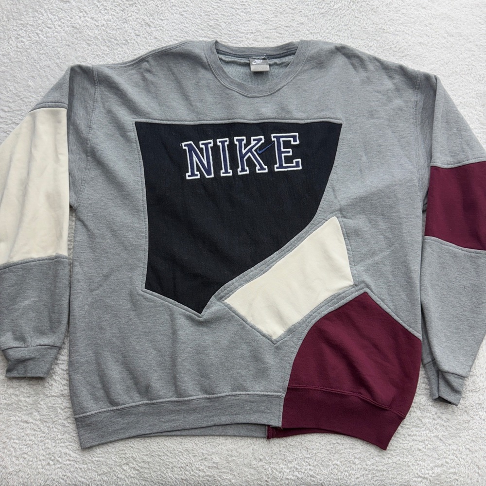 Nike Sportswear Reworked Patchwork Sweatshirt Mens XL Grey Burgundy Custom Logo